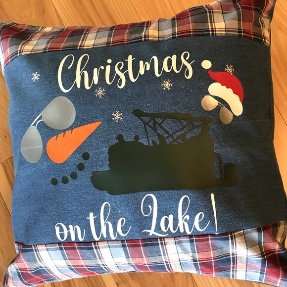 Holiday Lake Scene Pillow Cover: Appliqued Christmas on the Lake w/Pontoon 18x18 - Picture 8 of 10